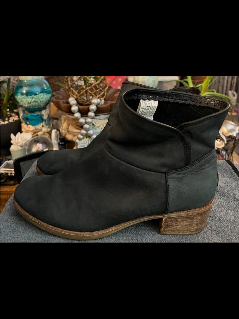 UGG Black Leather Ankle Booties with Low Stacked Heel